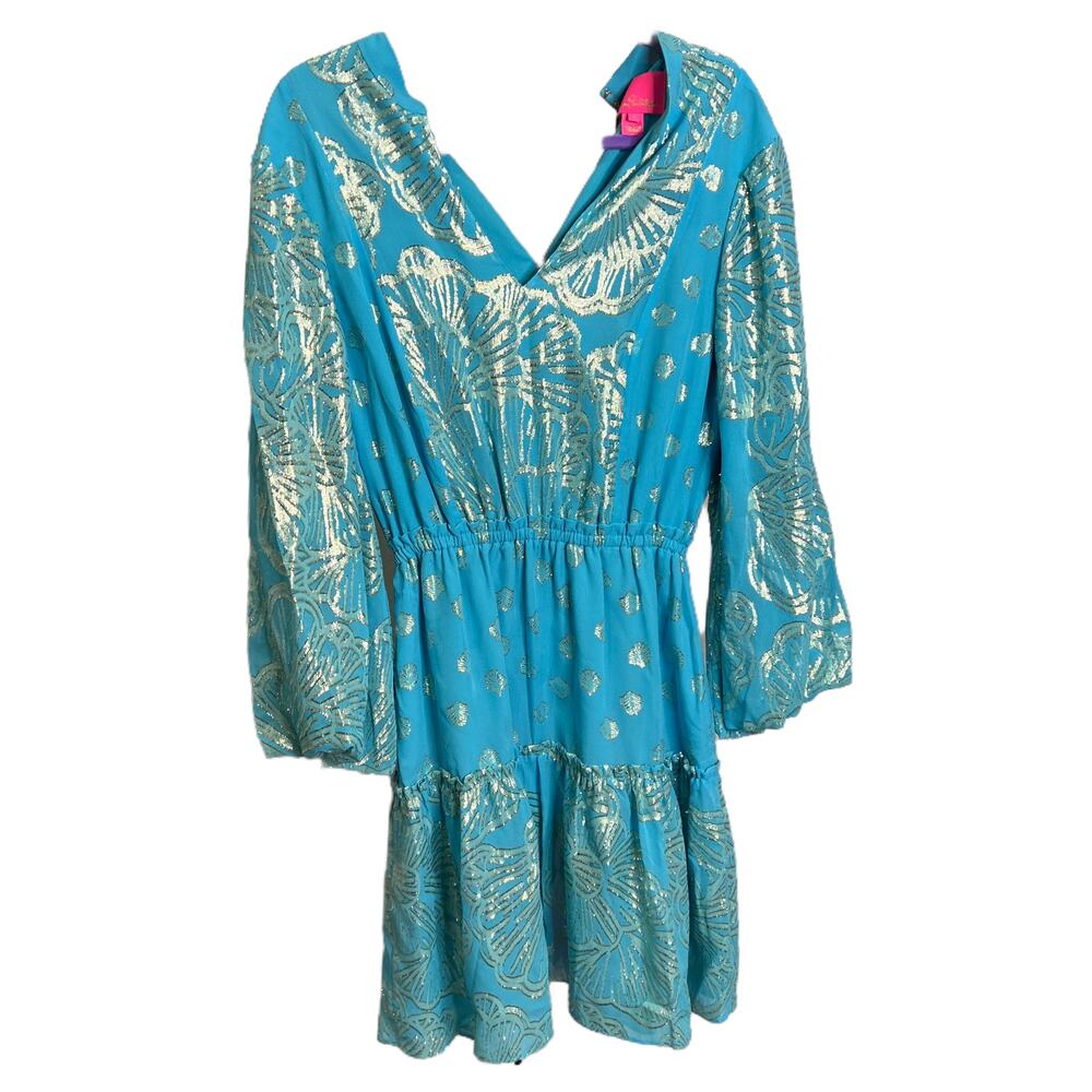 Lilly Pulitzer Joella Silk Dress Bermuda Blue Sz 6  Sea Shell Ruffle V-Neck NWT